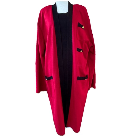 Vintage Neiman Marcus Black Sheath Sweater Dress & Red Cardigan 2X Wool Blend - Picture 1 of 10